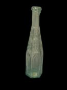 ANTIQUE AQUAMARINE PEPPER SAUCE BOTTLE WITH GOTHIC AND CATHEDRAL WINDOWNS SIX-SIDED
