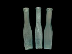 ANTIQUE AQUA GLASS CATHEDRAL WINDOW PEPPER SAUCE BOTTLES THREE TOTAL