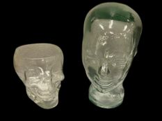 MOLDED CLEAR GLASS SKULL BOWL OR VOTIVE HOLDER AND AQUA HEAD