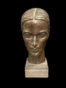 FELDHOFF SIGNED BRONZE HEAD SCULPTURE OF A WOMAN MOUNTED ON SQUARE STONE BASE