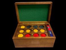 ELEGANT WALNUT POKER CHIP BOX WITH REMOVBLE TRAYS, INCLUDES OVER 300 BAKELITE POKER CHIPS