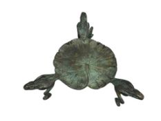 HEAVY PATINATED BRASS FROGS AND LILY PAD STAND OR VOTIVE HOLDER
