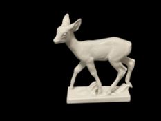 MEISSEN WEISS WHITE GLAZE DOE FIGURE ON RECTANGULAR BASE MARKED ON BOTTOM WITH INCISED MARK