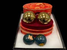 TWO SETS OF CHINESE HEALING / STRESS BALLS POLISHED BRASS AND CLOISSONNE ENAMLED