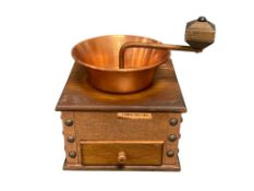 VINTAGE COPPER AND WOODEN COFFEE GRINDER WITH SQUARE HAND CRANK AND DRAWER FOR COFFEE GROUNDS