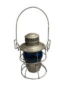 THE ADLAKE CO UNION PACIFIC RAILROAD SHORT GLOBE LANTERN WITH BLUE GLASS SHADE