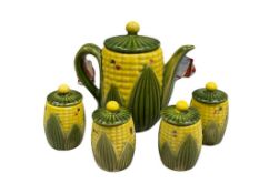 MINH LONG SONG BE VIETNAMESE CORN COB TEA POT WITH FOUR MATCHING TEA CUPS WITH LIDS CIRCA 1930'S