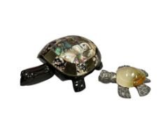 POLISHED SEMI-PRECIOUS STONE TUTRTLE FIGURES WITH ONYX, BLACK ONYX, ABALONE AND MARBLE INLAY SHELLS