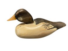 CIRCA 1900 HAND CARVED / HAND PAINTED WOODEN DUCK DECOY WITH LEAD WEIGHT MARKED 