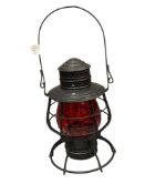 THE ADLAKE CO NY NH, AND H RAILROAD SHORT GLOBE LANTERN WITH RUBY RED GLASS SHADE CIRCA 1927
