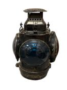 1927 THE ADLAKE CO NON-SWEATING 4-WAY RAILROAD SIGNAL MARKER LANTERN WITH BLUE AND RED GLASS SHADES