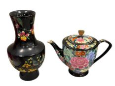 VINTAGE ASIA COLLECTIBLES INCLUDING PORCELAIN TEAPOT AND LACQUERED VASE EAC WITH FLORAL DESIGNS