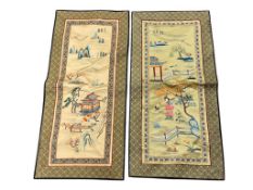 TWO CHINESE SILK EMBROIDERED TEXTILE PANELS LIKELY MADE FROM AN ANTIQUE ROBE SLEEVE