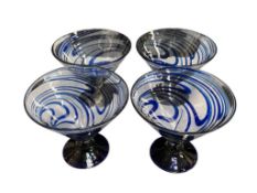 SET OF FOUR COBALT BLUE SWIRL AND CLEAR HANDBLOWN ART GLASS CONTEMPORARY COCKTAIL GLASSES