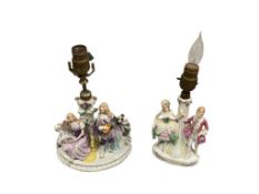 VINTAGE 1940'S PORCELAIN BOUDOIR FIGURAL COLONIAL COUPLE GERMAN TABLE LAMPS ONE MARKED GDEP