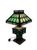 1900'S BRADLEY AND HUBBARD ARTS AND CRAFTS IRON AND GREEN SLAG GLASS TABLE LAMP