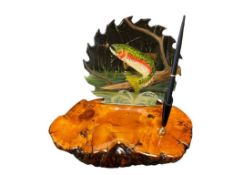 LACQUERED BURL WOOD AND HAND PAINTED TROUT SAW BLADE DESK PEN HOLDER