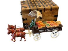 VINTAGE CAST IRON FRUITS AND VEGETABLE HORSE FRAWN WAGON WITH UMBRELLA NAD COACHMAN
