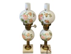 PAIR OF VINTAGE MILK GLASS HAND PAINTED ELECTRIC TABLE LAMPS WITH SQUARE STONE BASE