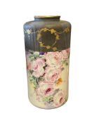 VINTAGE VIENNA AUSTRIA PORCELAIN CYLINDRICAL VASE HAND PAINTED WITH ROSE GILT ACCENTS