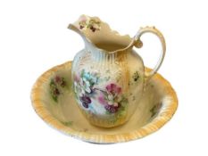TRANSFER DECORATED EARLY 20TH CENTURY IRONSTONE WASH BASIN AND PITCHER FLORAL DECORATED