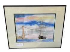 JANICE BAILEY YERINGTON, NV ARTIST WATERCOLOR AND INK OF SAILING SHIP NEAR GOLDEN GATE BRIDGE