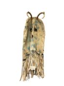 20TH CENTURY NAVAJO DINE YEI MASK MADE FROM BUCK SKIN WITH DEER ANTLERS AND BLUE AND BLACK PIGMENT