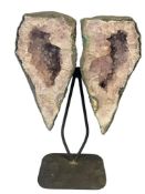 STRIKING AMETHYST WINGS GEOLOGICAL SPECIMEN CENTERPIECE SCULPTURE ON METAL STAND