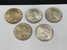FIVE 1922 U.S. PEACE SILVER DOLLARS AU
