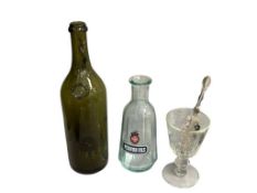 1800'S PERNOD ABSINTHE GLASS BOTTLE, 500ML AQUA GLASS BOTTLE, AND PERNOD GOBLET WITH ABSINTHE SPOON