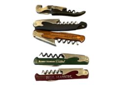 FIVE ASSORTED CORKSCREWS, FOUR WITH WINE MAKER NAMES ETCHED IN HANDLES
