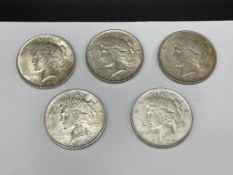 FIVE 1922 U.S. PEACE SILVER DOLLARS IN AU-BU CONDITION