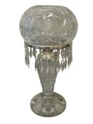ELEGANT LARGE AMERICAN CUT GLASS MUSHROOM DOME PARLOR TABLE LAMP WITH HANGING PRISMS
