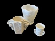 VINTAGE MILK GLASS SWAN TOOTHPICK HOLDER, MACBETH EVANS HORSE VASE, AND EO BRODY FOOTED VASE