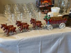 VINTAGE CAST IRON SIX HORSE DRAWN WHISKEY / BEER WAGON WITH COACHMEN AND DOG