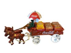 VINTAGE CAST IRON COCA-COLA HORSE DRAWN WAGON WITH COACHMAN, UMBRELLA AND SODA CRATES