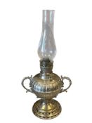 ANTIQUE NICKEL PLATED BRASS BOLBOUS AND RIBBED OIL LAMP