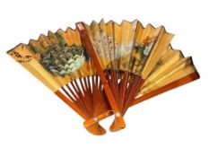 TWO VINTAGE CHINESE PAPER AND BAMBOO HAND PAINTED WATERCOLOR DECORATIVE FANS
