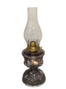 1900'S PURPLED GLASS DECO STYLED OIL LAMP WITH DECORATIVE FONT BRIDGEPORT CO WICK