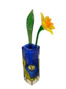 GLAS STAR HAND BLOWN GLASS BOHEMIAN ART GLASS COBALT AND YELLOW VASE WITH HAND BLOWN FLOWER