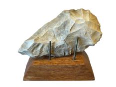 LARGE KNAPPED STONE NATIVE AMERICAN ARROWHEAD WITH WOODEN BASE