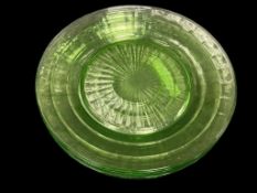 FIVE VINTAGE ANCHOR HOCKING OPTIC VASELINE GLASS PLATES