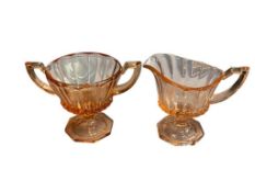 ANTIQUE EARLY AMERICAN HEISEY GLASS FLAMINGO PINK CREAMER AND SUGAR MADE BY A.H. HEISEY CO.