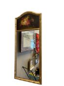20TH CENTURY GILT WOOD FRAMED MIRROR WITH FLORAL TOLL PAINTING ON TOP PANEL