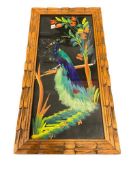 VINTAGE SOUTH AMERICAN WATERCOLOR AND FEATHER ART OF A PEACOCK