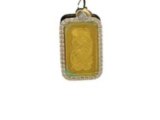 SUISSE .999 FINE GOLD 2.5 GRAM BAR SET IN 14K YELLOW GOLD DIAMOND PENDANT