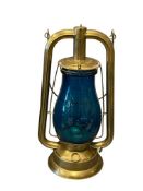STEAM GAUGE AND LANTERN CO. BRASS TUBULAR LANTERN WITH BLUE GLASS GLOBE PAT DATE OCT 26 86