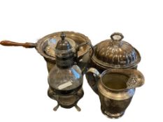 20TH CENTURY SILVER TABLEWARE WINE CARAFE, WATER PITCHER, CHAFFING DISH, SERVING BOWL, SNACK PLATE