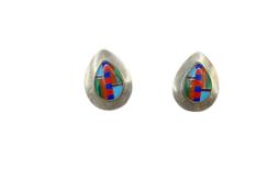 PAIR OF ARTIST SIGNED NAVAJO STERLING SILVER INLAID CLIP-BACK EARRINGS