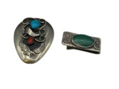 VINTAGE SILVERPLATED BOLO CLIP AND MONEY CLIP FEATURING STERLING OVERLAY AND MALACHITE ON MONEY C...